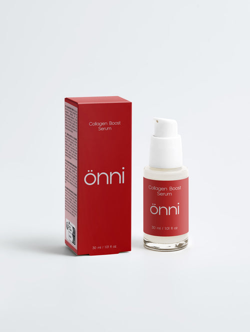 Onni Collagen Boost Serum 30ml pump bottle with box - plumping hydration with hyaluronic acid, sodium PCA and organic sunflower oil