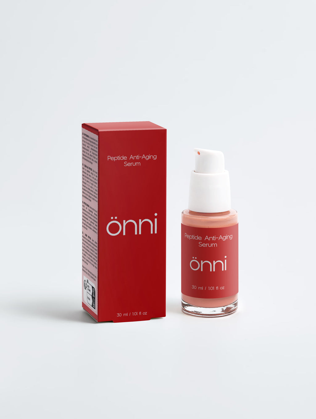 Onni Peptide Anti-Aging Serum bottle - smoother firmer skin with 2% hexapeptide-11, hyaluronic acid and organic jojoba and blueberry seed oil