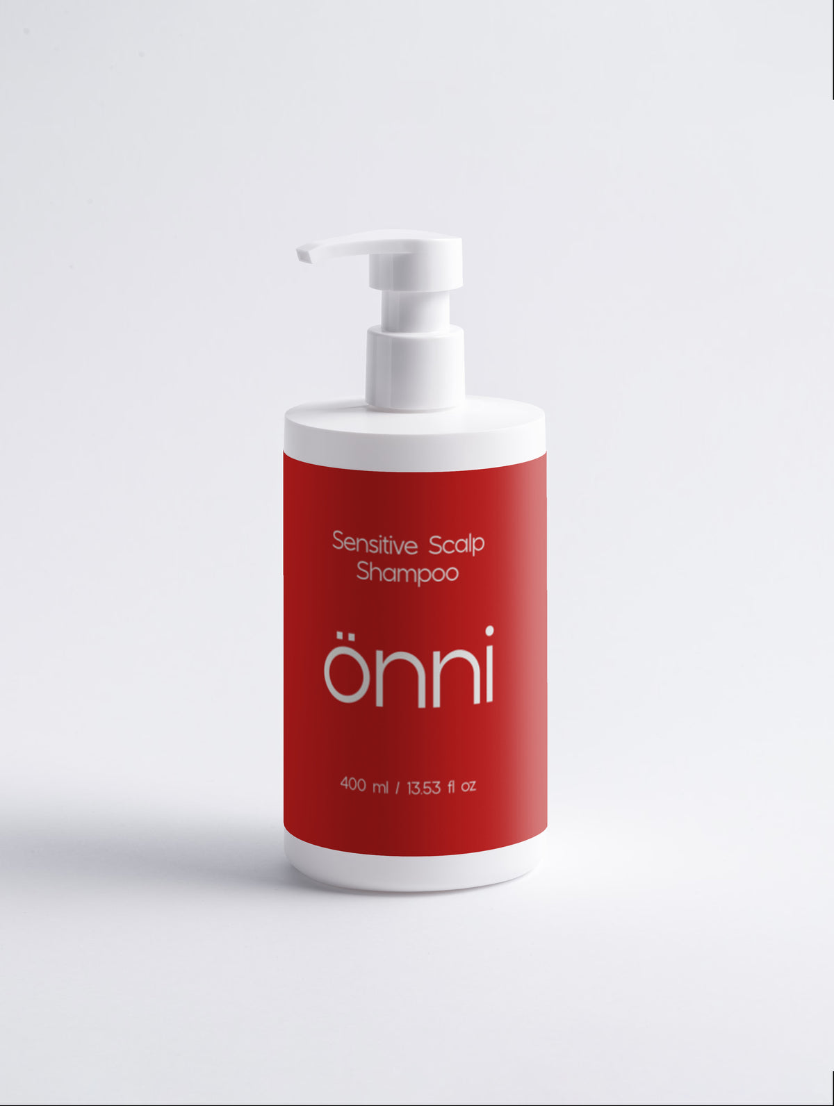 Onni Sensitive Scalp Shampoo 400ml pump bottle with red label, front view studio shot